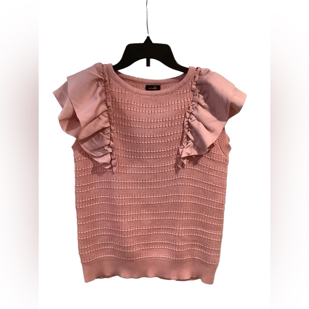 Ontwelfth Stretchy Pink Knit Top Sleeveless With Ruffled Shoulders Size XL, NWOT